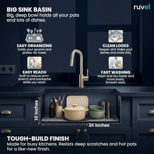 Image of RUVEL Kitchen Sink 24 inchx18 inchx9 inch | Premium Handmade 304 Grade Stainless Steel Single Bowl | Heavy Duty, Rust & Scratch Resistant | Includes Waste Coupling, Drain Rack & Hose Pipes | Black - Matt Finish