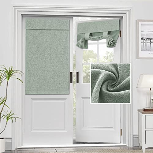 French Door Curtains Linen Textured Privacy French Door Blinds Kitchen Window Curtains Waterproof 26 X 40 Inch Room Darkening Curtains for Glass Door Tie Up Shade for Bedroom, 1 Panel, Sage