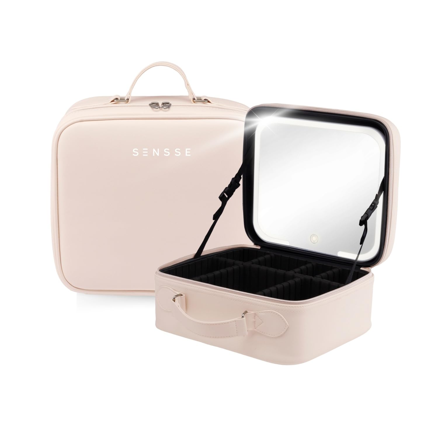 SENSSE Glow Up Case LED Make-up Reisekoffer mit Spiegel - Kosmetik-Organizer mit verstellbarem Licht, 3 Beleuchtungsmodi, Touch-Dimmbarer HD-Spiegel, wiederaufladbarer 2000-mAh-Akku und verstellbare