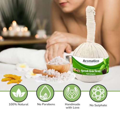 Image of AROMATICO Ayurvedic Herbal Potli with 17 ancient herbs. Helps with Pain Relief, Post-Workout Recovery & Muscle Relaxation. For Men & Women. 200gm Pack of 2