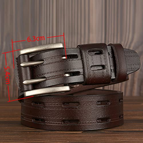 Double Prong Leather Belt Stitched,Two Prong Buckle,Work or Casual Heavy Duty Grommet Holes Belt for Men Women Unisex(120cm/waist:41", Coffee)4
