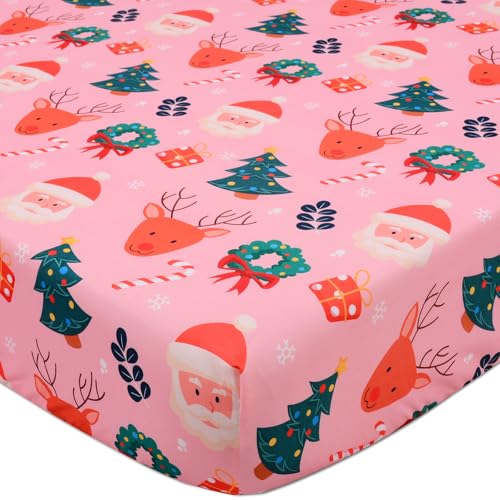 Christmas Crib Sheet, Fitted Crib Sheet with Christmas Tree, Elk, Santa Claus, Measuring 52'' x 28'' to fit Standard Crib & Toddler Mattresses, Pink