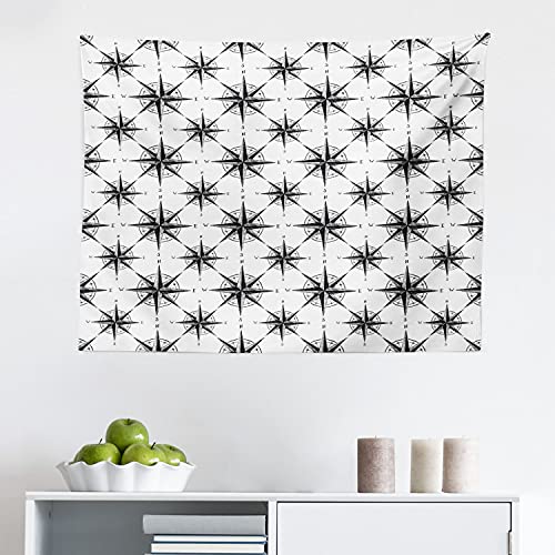 Ambesonne Compass Tapestry, Black and White Sketch Style Windrose Discovering