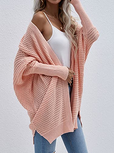 Image of Women's Waffle Cardigan Ribbed Cuffs Open Front Knit Sweater Batwing Long Sleeve Casual Loose Chunky Coat Outwear(S,pink2)