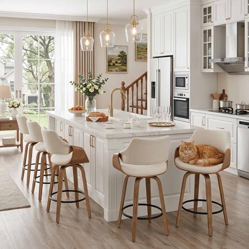 Image of 26'' Modern Barrel Swivel Counter Stools Counter Height Swivel Bar Stools with Backs Set of 6, Beige Linen Upholstered Bar Height stools, Farmhouse Solid Wood Barstools for Kitchen Island, Home Bar