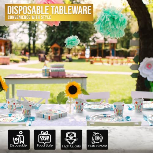 Image of Exquisite 350 Pcs Blue Happy Birthday Plates and Napkins Set, Blue Birthday Plates Set, 50 Of Each 9 inch Dinner Plate, 7 inch Dessert Plate, 12 oz Cups, Napkins & Cutlery Plastic Dinnerware Set
