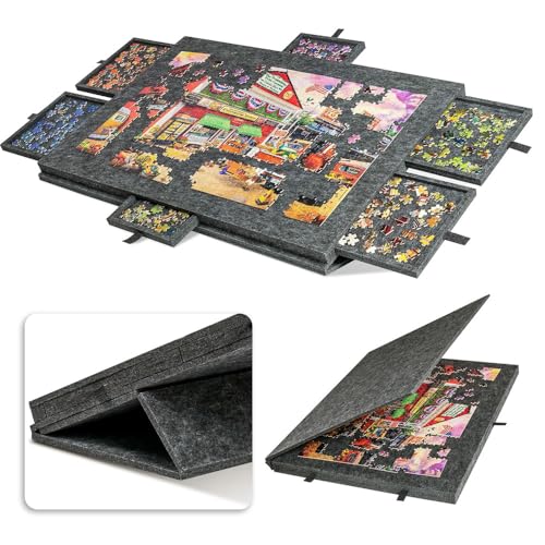 Lightweight Tilting Puzzle Board | Portable Jigsaw Table with 6 Drawers & Felt Surface | Foldable Design for Up to 1000 Pieces (Gray)