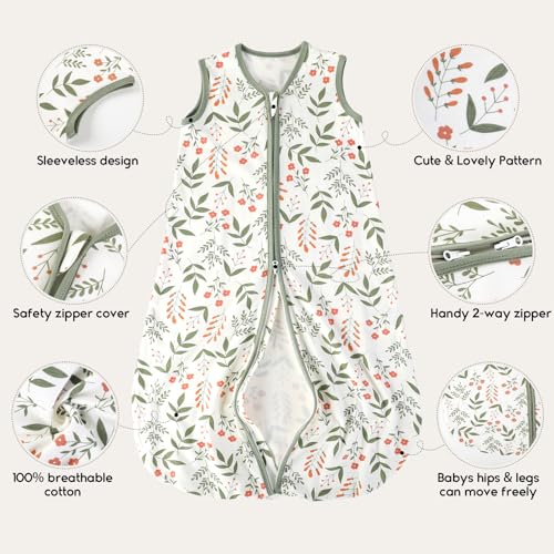 Image of Yoofoss Baby Sleep Sack 12-18 Months 0.5 TOG Baby Wearable Blanket, 100% Organic Cotton Infant Toddler Sleeping Sack 2-Way Zipper Lightweight Sleep Sack, Flower