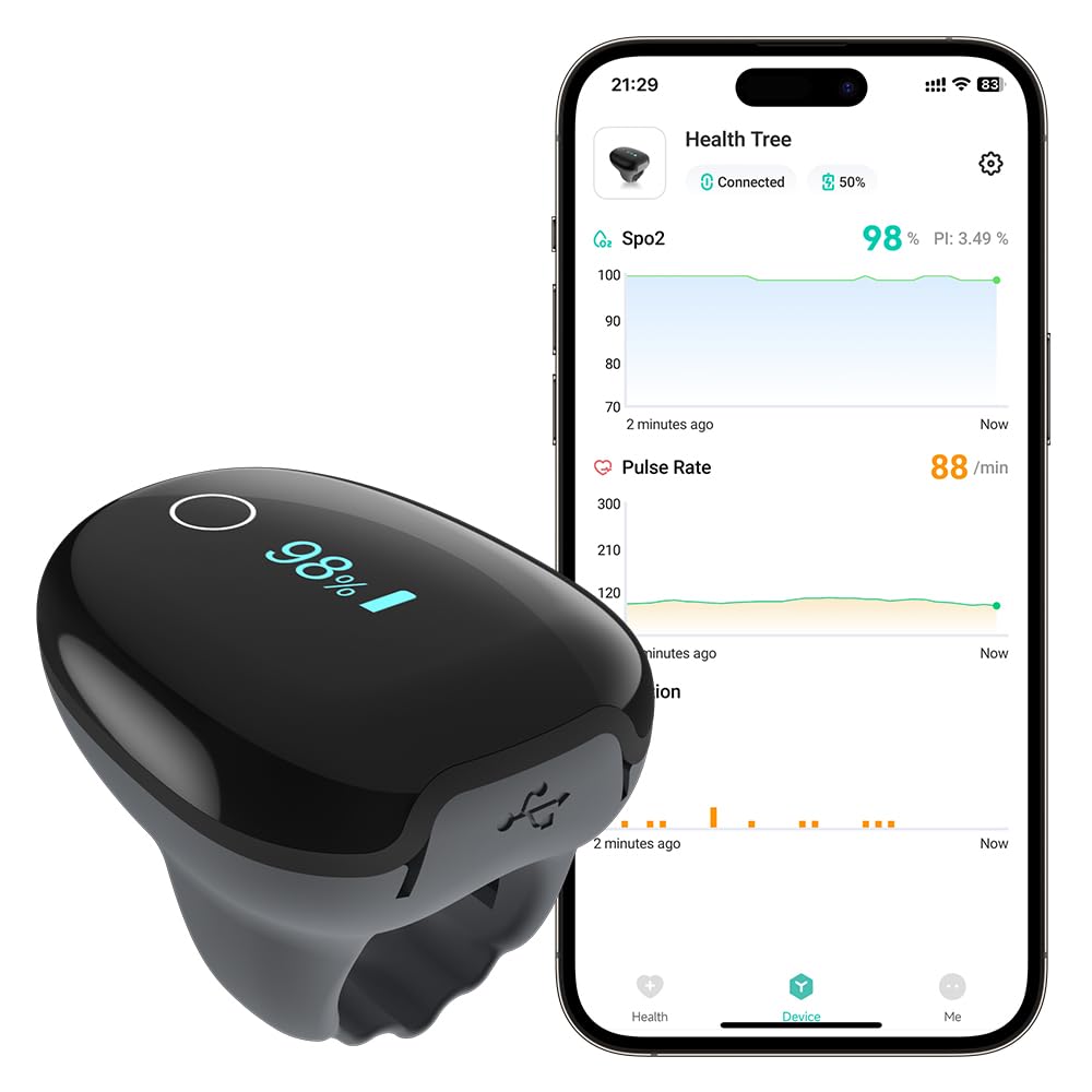 HealthTree O2Ring Pulsioximetro Bluetooth, Oximetro de Dedo Recargable | Monitor Continuo de Saturación de Oxígeno (SpO₂) y Frecuencia Cardíaca — con Alertas App e Informes, para Hogar y Deporte