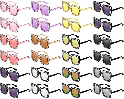 Weewooday 24 Pairs Crystal Oversize Sunglasses Square Diamond Glitter Sparkly Sunglasses Retro Thick Frame Rhinestone Square Bling 60,70's Disco Accessories for Women Men