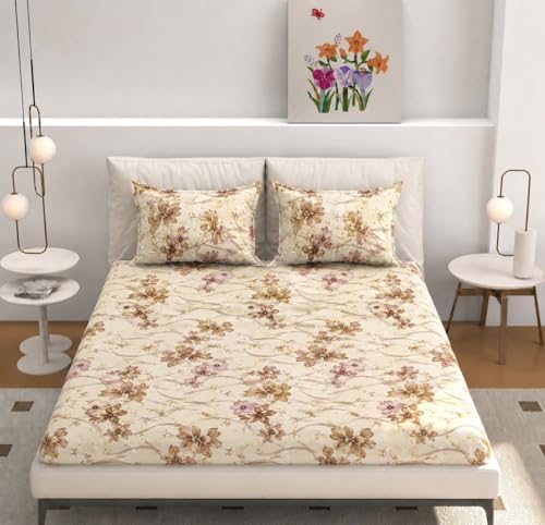 Image of Castiqa Elastic Fitted Supersoft Premium Polycotton 200TC Super King Size 108x108Inch Jointless Bedsheet with 2 Pillow Covers (Pink Flower, Super King 108x108inch (12 inch Mattress))