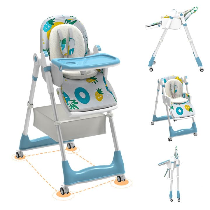 Image of Baby High Chair for Toddlers, Foldable with 4 Wheels, Adjustable Backrest/Footrest/Seat Height, Double Removable Tray (Blue)