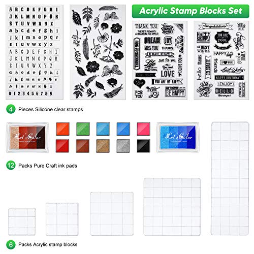 22 Pieces Acrylic Stamp Blocks Tools Set Include 6 Stamp Blocks Acrylic Stamping Clear Block, 4 Transparent Silicone Clear Stamps Seal, 12 Craft Ink Pad Stamp Pad For Scrapbooking Card Making #TOP1