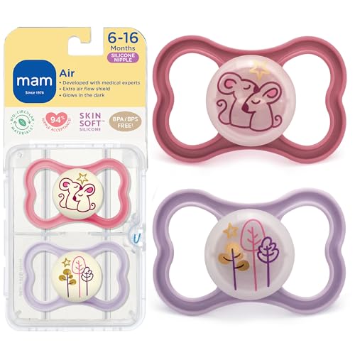 Image of MAM Air Pacifier For Babies 6-16 Months, Extra Air Flow for Sensitive Skin, Glows In The Dark, Developed With Medical Experts, BPA-Free Skin Soft Silicone, 2 Pack, With Sterilizer Case, Made in Europe