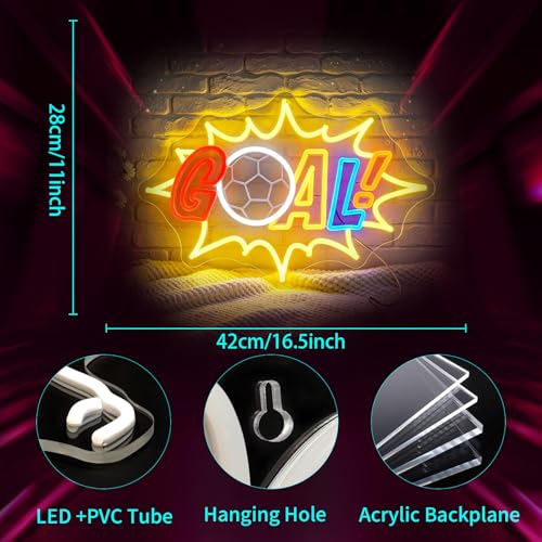 Image of Soccer Neon Sign, JGHTURIE Goal Dimmable Neon Signs for Wall Decor, Football Led Light up Led Sign for Boys, Fans Sports Themed, Game Room, Bar, Party & Man Cave Decor - USB Powered