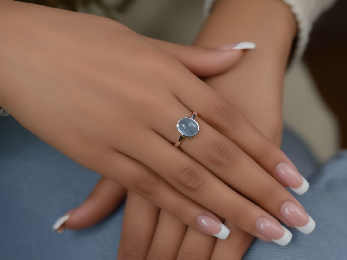 NicoWerk SRI1030 Anillo para mujer en Plata de Ley 925 con piedra ovalada azul mar lisa brillante inusual filigrana curva elegante