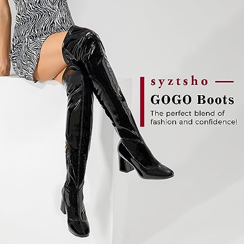 syztsho Thigh High Boots for Women Patent Leather PU Chunky Heel Over The Knee Boot Sexy Square Toe Side Zipper GOGO Boots3