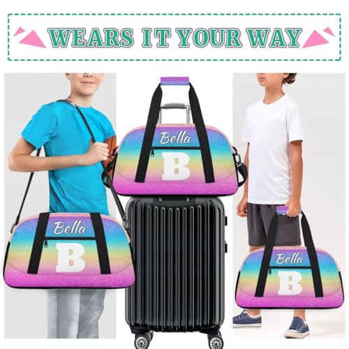Personalized Initial Travel Duffel Bag for Women Men, Custom Name Workout Sports Tote Gym Bag Weekender Overnight Carry On Bag, Rainbow Glitter 6
