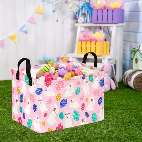 Image of Rectangle Gift Storage Basket Home Shelf Storage Basket Organizer Box Clothes Laundry Hamper Nursery Basket Laundry Basket with Handles (Pink White-Bunny)