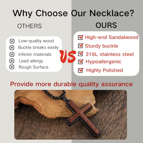 Wooden Cross Necklace for Men, Natural Sandalwood Inlaid with Black Stainless Steel Pendant, Mens Cross Necklaces Including 24 Inch Box Chain ﻿2