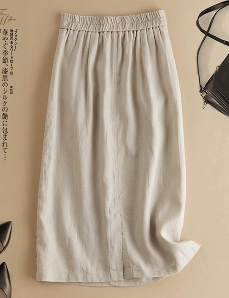 IDEALSANXUN Womens Cotton Linen Skirts Spring Summer A Line Midi Skirt with Pockets Beach Vacation Clothes - Image 3