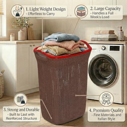 Image of Plastic Laundry Basket with Lid | 60L Extra Large Knit Hamper | Strong & Durable | Ideal for Bathroom, Bedroom & Kids Room | Multipurpose Cloth Storage Organiser | 36 x 46 x 61 cm | Dark Beige