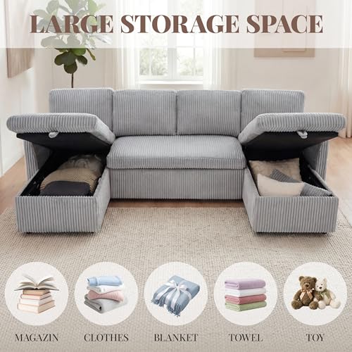 Image of Huatean Home Oversized Sleeper Sofa Couch, 100 inch 2 in 1 Pullout Couch Bed with Side Pockets for Living Room, Sectional Sleeper Sofa Bed with Double Storage Chaise, CloudGrey