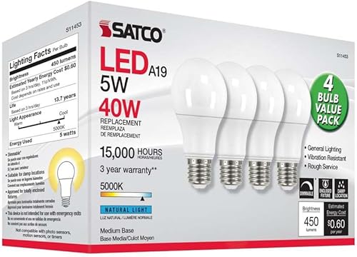 Miniatura 7 de Satco 11453-5A19LED850120VD4PK (S11453) A19 A Line Pear Bombilla LED