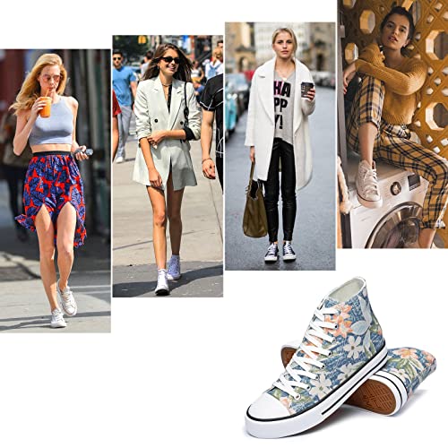 Hash Bubbie Women's High Top Sneakers Classic High Tops Canvas Shoes Embroidery Lace Up Tennis Shoes Fashion Canvas Sneakers Casual Shoes For Walking（（Blue Print.us5） #TOP4