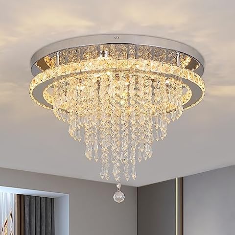 Deckrico Crystal Chandelier 19.6" Modern LED Ceiling Lamp Flush Mount Lighting Fixture for Living Room Bedroom Kitchen Dining Room (Variable Light) Cover
