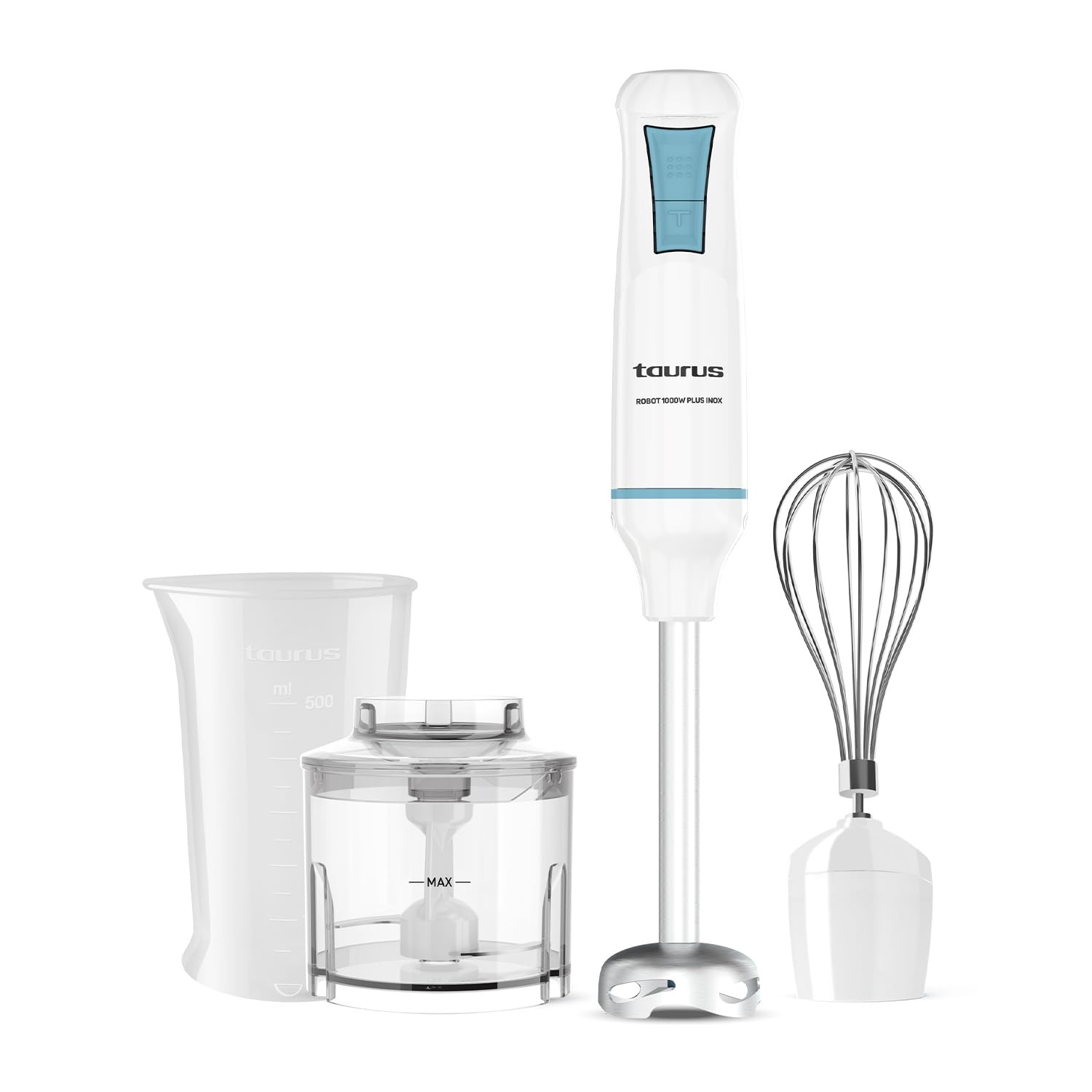 Taurus 1000 Plus Stainless Steel Hand Blender, 2 Speeds + Turbo, Stainless Steel Blades, Anti-splash Hood, Ergonomic, BPA Free, Dishwasher Safe, with Accessories