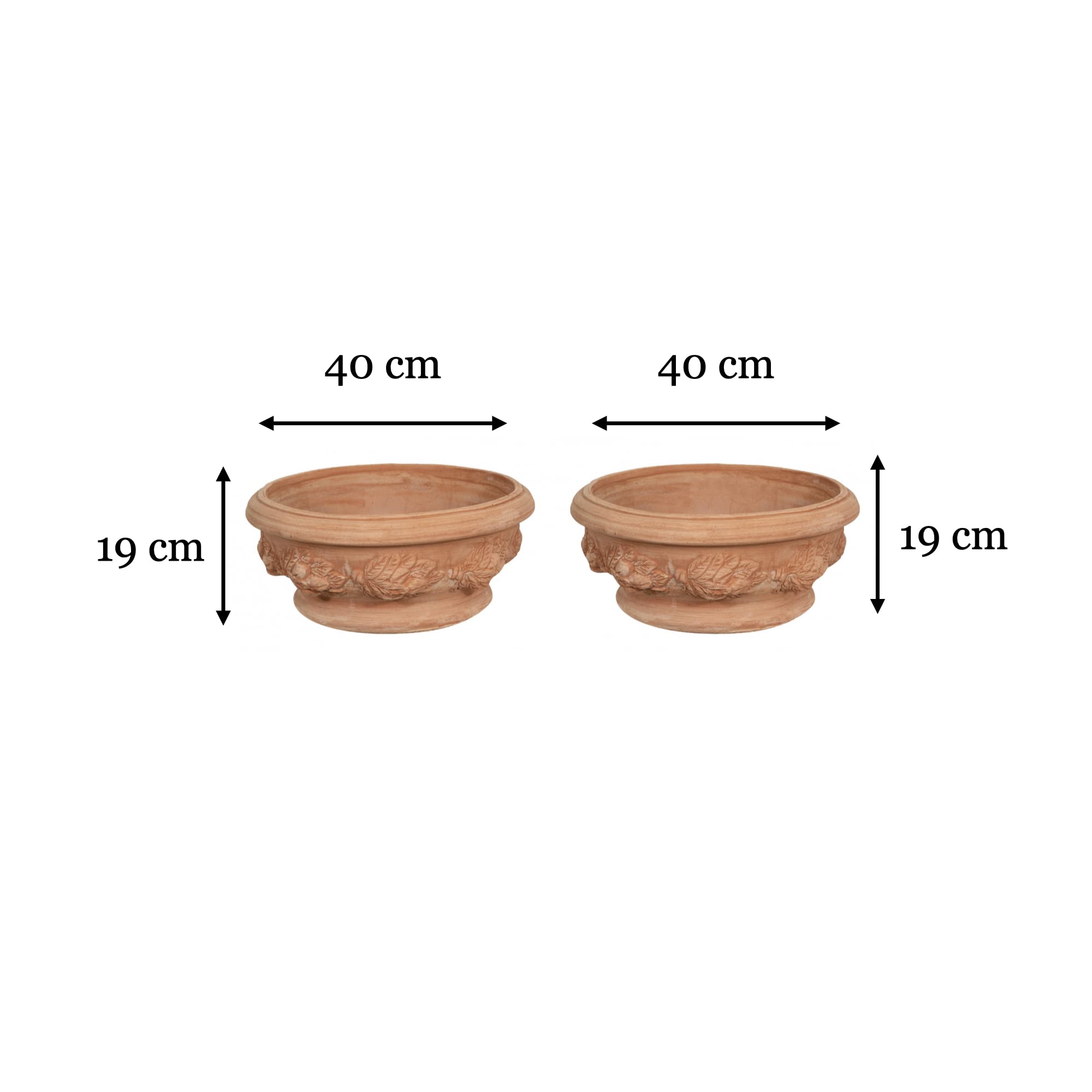 Biscottini Lot de 2 grands pots de fleurs en terre cuite 40 x 40 x 19 cm - Grand pot de fleurs d'extérieur fait main en terre cuite