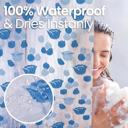 Image of Shower Curtain 7 Feet | Waterproof PVC Printed Bathroom Curtain with 8 Rings | Transparent Stone Print Bathtub Curtain | Extra Long Bathroom Liner, Waterproof & Easy to Clean (Blue Rose,Pack Of 2)