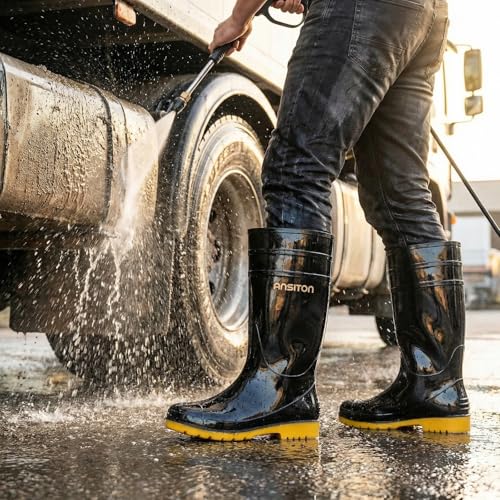 Image of Men's Black Waterproof PVC Slip - On Rain Boots - High & Mid Calf Styles, Ideal for Outdoor, Garden, Farm, Mud & Fishing, Comfortable, Durable, Easy to Clean