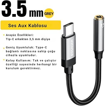 Essager 15CM Type C To 3.5mm Aux Kulaklık Ses Dönüştürücü Adaptör, Hifi Ses Destekli Aux Çevirici