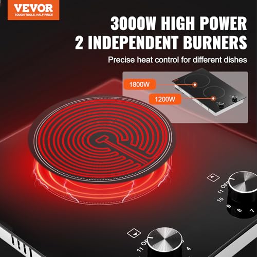 Image of VEVOR Electric Cooktop, 12 inch 2 Burners Built-in Electric Stove Top, 3000W Ceramic Top Radiant Cooktop, with 11 Heat Levels, Glass Panel, Knob Control, 220-240V, Hard Wire (No Plug)