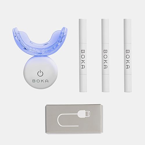 Boka Kit de blanqueamiento dental con luz LED para dientes sensibles - 15 minutos para dientes más blancos - Gel de nano hidroxiapatita sin peróxido