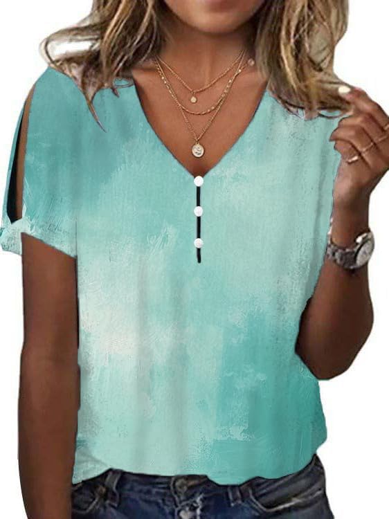 Boho Blouses for Women 2024 Gradient Marble Print Short Sleeve V Neck Cold Shoulder Tops Casual Loose Tunic Tops
