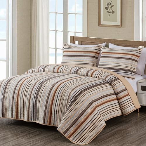 Image of Chezmoi Collection Avery Striped Cotton Quilt Set Queen Size, 3-Piece Soft Pre-Washed 100% Cotton Quilt, Multi-Color Brown