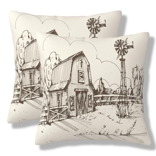ZYLITHO Windmill Rustic Barn Throw Pillow Covers Farmhouse Hand Drawn Square Pillow Cases 20x20 Inch Set of 2 Countryside Rural Meadow Pillowcase Cushion Cover for Home Bedroom Couch Sofa