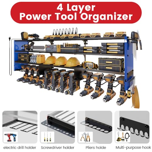 Image of 53 inch Power Tool Organizer Wall Mount with Power Strip,Blue Heavy Duty Metal Tool Shelf, 400lbs Capacity for Cordless Drills, Batteries & Garage Storage (12 Slots with 8 Outlets Power Strip)