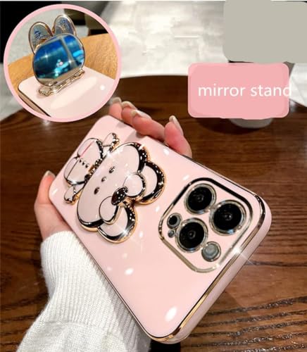 Image of KC Back Cover for Mi Redmi Note 14 Pro 5G - Hidden Bunny Mirror Folding Bracket Kickstand Electroplated Soft Silicone Camera Protection Case - Pink