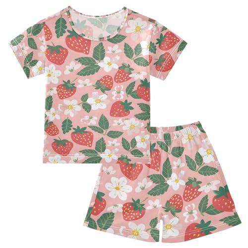 ALAZA Strawberry Floral Blossom Pajamas Set Short Sleeve Cotton Sleepwear Summer Pjs 2 Piece 5-14Y