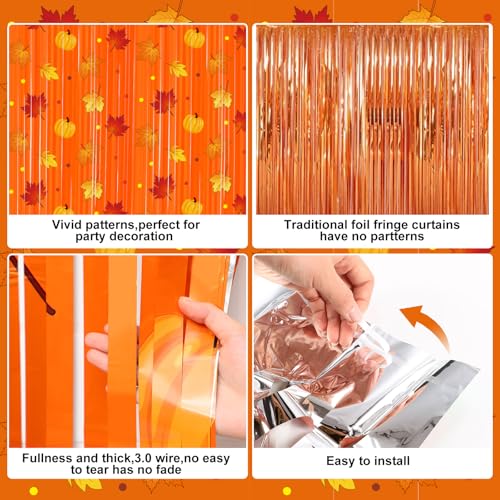 Image of Tiamon Fall Thanksgiving Party Decorations 2 Pack Orange Maple Leaves Pumpkins Pattern Photo Booth Props 3.3 x 6.6 ft Foil Fringe Curtains for Autumn Thanksgiving Birthday Baby Shower Backdrop Decor