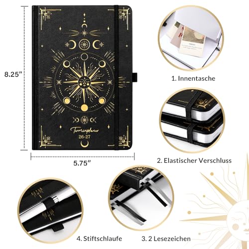 Kalender 2026 2027 - Terminplaner 2026 2027 von August 2026 bis September 2027, A5 Wochenplaner 26 27 mit Innentasche, Elastischer Verschluss, 21.3 x 14.7cm - Schwarz