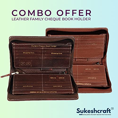 Image of Sukeshcraft Multiple Cheque Book Holder | Original Leather Holds Upto 8 Cheque Books, Locker Key Hook, 2 Photo Slots, 1 Pin-Sim Slot, 13 Credit /Debit Card Slots with Matching Zipper (Combo)