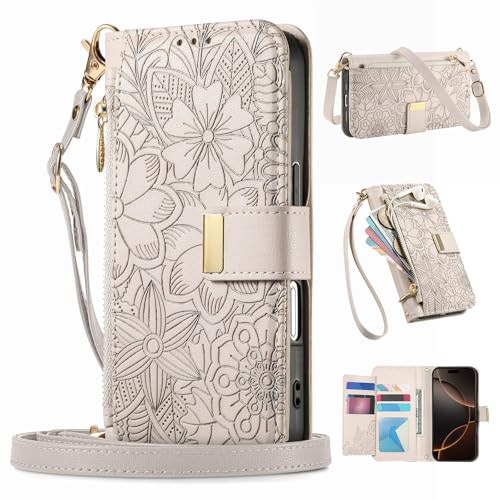 Étui portefeuille iPhone 14 beige en cuir avec fermeture éclair et sangle