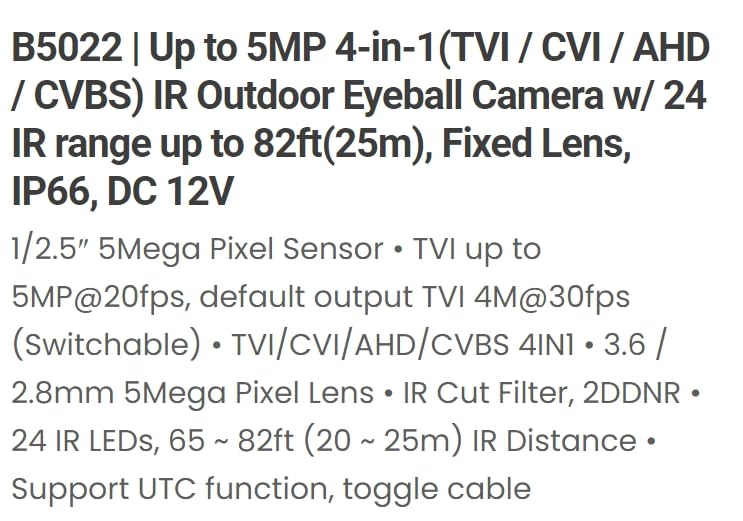 Eyemax TIB-B5022 Up to 5MP 4-in-1(TVI/CVI/AHD/CVBS) IR in/Outdoor Eyeball CCTV Camera w/ 24 IR Range up to 82ft(25m), 2.8mm Wide Fixed Lens, IP66, DC 12V Dark Grey Case