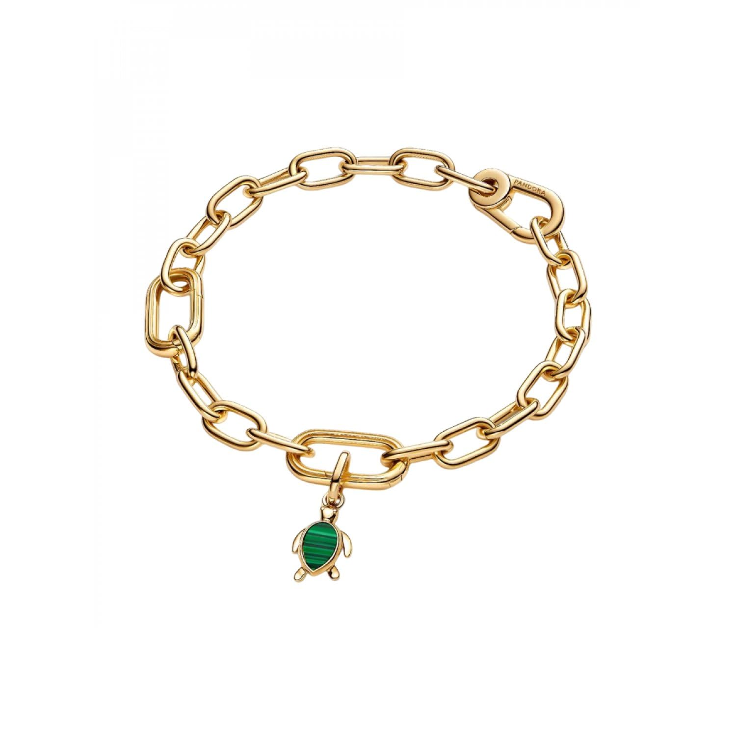 Pandora ME 763823C01 Mini breloque en forme de tortue verte avec malachite et argent sterling plaqué or 14 carats Compatible avec les pendentifs Me and Moments, 2,1x13,3x7,7 mm, Argent sterling