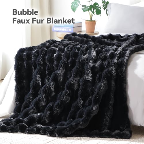 Smoofy Faux Fur Throw Blanket for Couch – Black Fluffy Cozy Rabbit Fleece, Plush Soft Bubble Blanket for Sofa & Bed, for Mom, Warm Fuzzy Home Room Decor Throw 50" x 60"